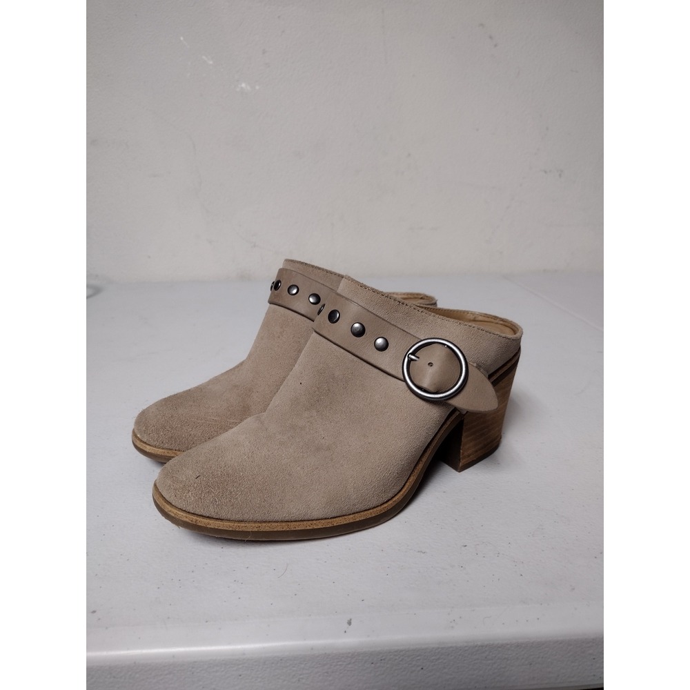 Sofft Taupe Suede Studded‎ Buckle Mules Block Heel Clogs Womens 7M